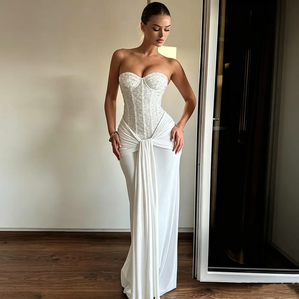 Sexy Women White Lace Sweetheart Boned Bodice Patchwork Evening Gown Pleated Lace Up Long Ribbon Mermaid Bodycon Maxi Dress