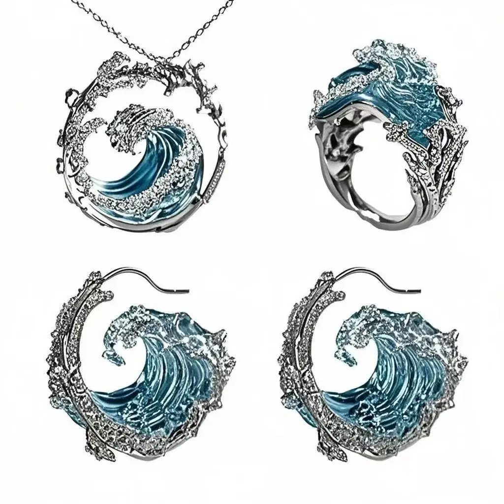 

Light Luxury Ocean Wave Jewelry Set, Blue Crystal Necklace Earrings Ring for Women, Romantic Gift for Her, Anniversary Love Gift