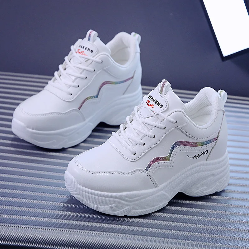 Women 's Sneakers Thick Bottom Height Increasing Lace-Up Vulcanize Shoes Pu Leather Sports Outdoor Jogging 2024 Spring