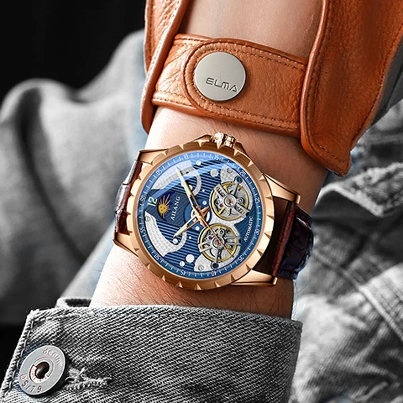 AILANG-8826 Automatic Watch Dual Flywheel Skeleton Dial Sun Moon Phase Luxury Business Wristwatch Brown Leather Strap