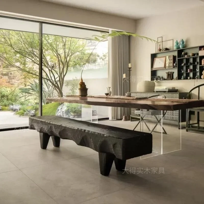 Wabi Style Carbonized Black Solid Wood Log Bench for Entryway Shoe Changing Dining Room or Commercial Rest Area