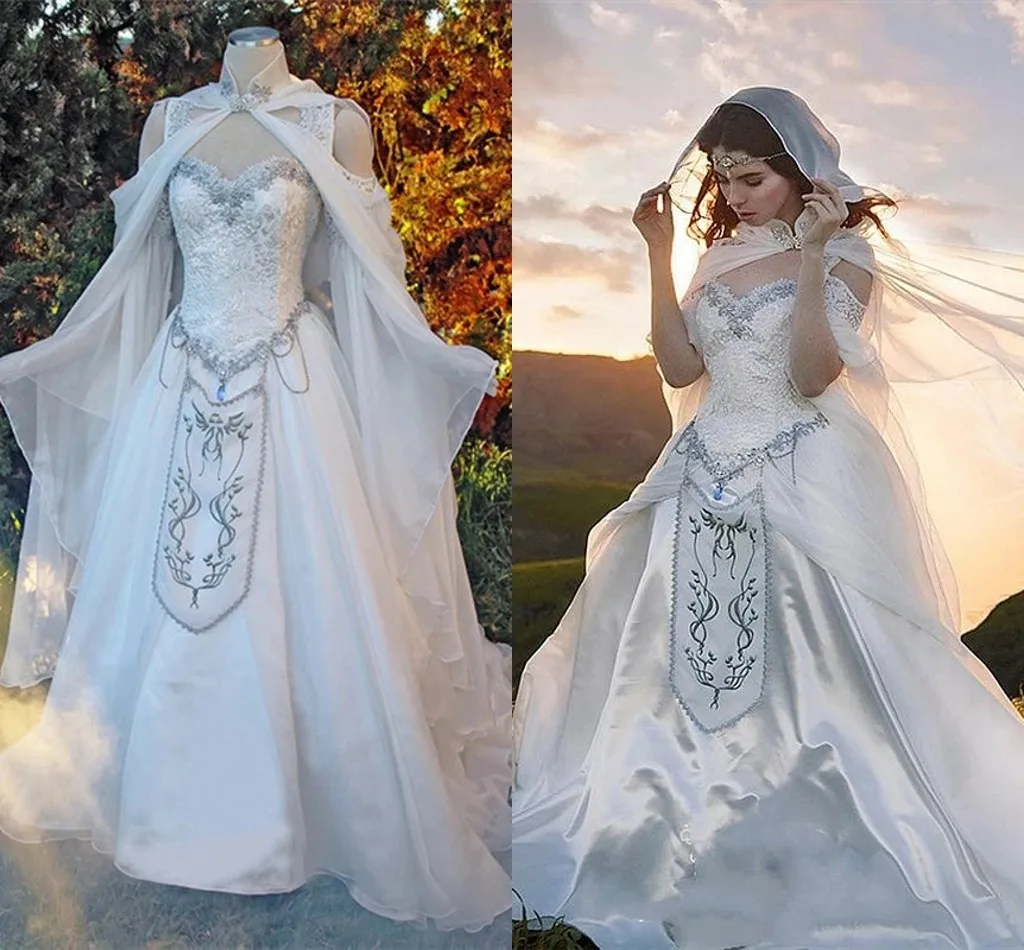 ชุดแต่งงานยุคกลาง Elven Cape เสื้อคลุม Hood Fairy แขนยาวเย็บปักถักร้อย Renaissance Fantasy Victorian ชุดเจ้าสาว customsize