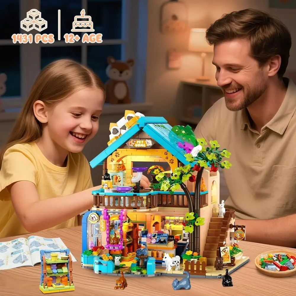 Kit di costruzione del negozio di animali illuminato della città: adorabile negozio di animali con gatti e cani per bambini e adulti dai 8 ai 12 anni in su