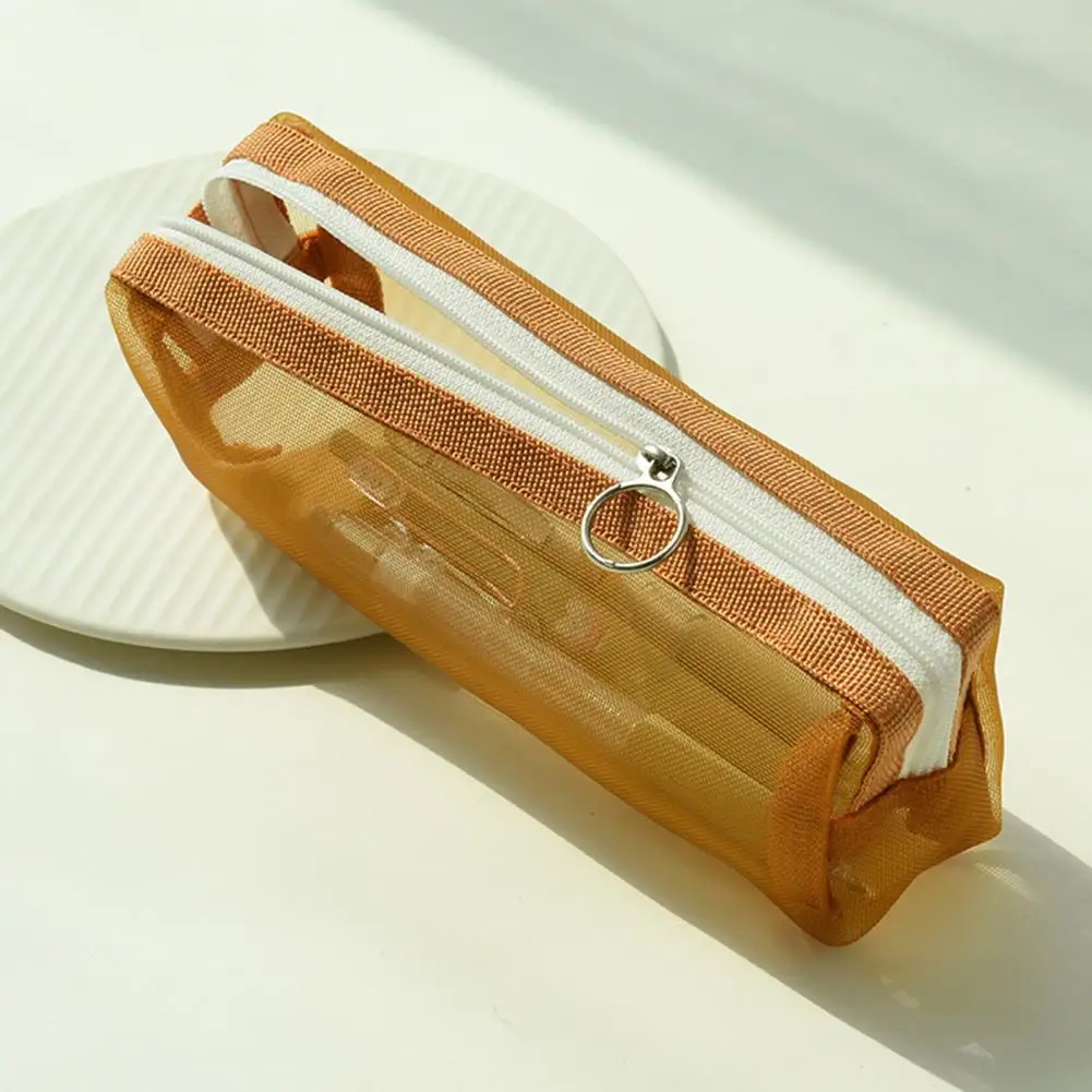 Estojo lápis estudante com malha transparente, zíper durável, estojo espaçoso, papelaria para estudantes