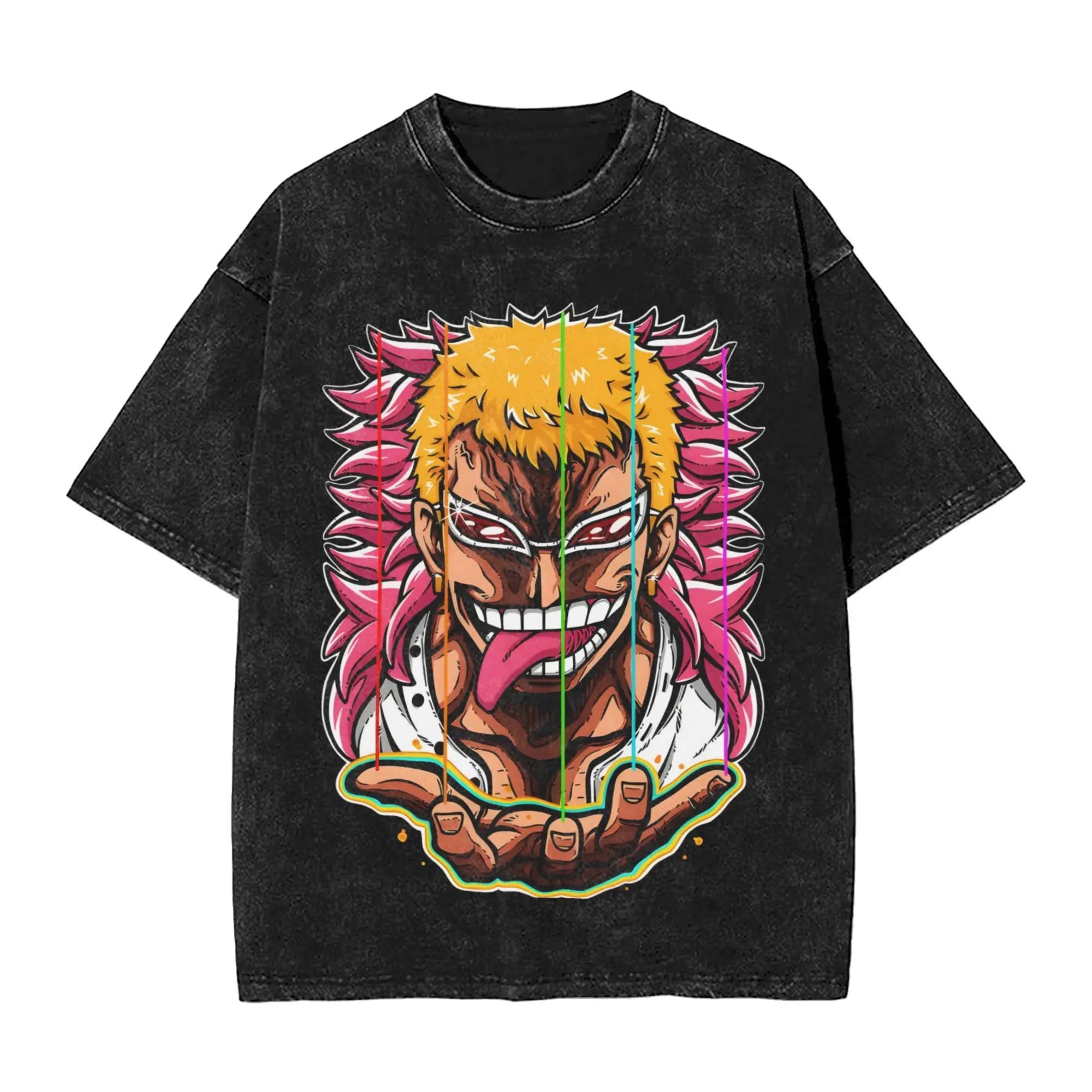 Mens T Shirt Donquixote Doflamingo Washed T Shirts Hip Hop Ones Pieces Summer Tees Vintage Printed Cotton Tops Gift Idea