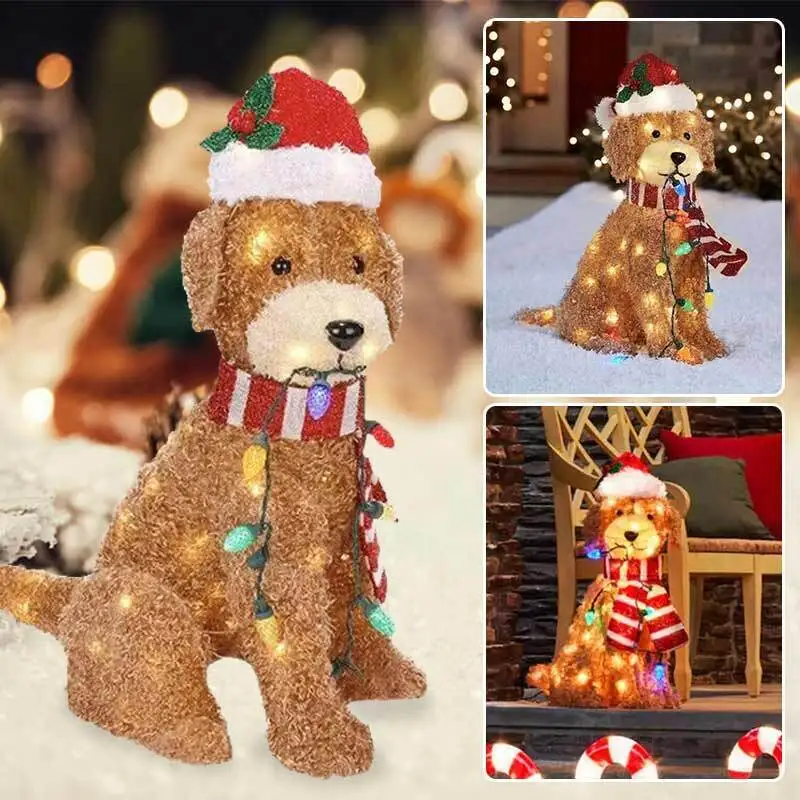 Christmas Lighted Goldendoodle Decor Waterproof LED Dog Figure Ornaments Wearing Xmas Hat for Home Garden Front Pathway Walkway