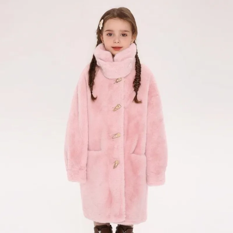 2024 Winter New Children's Faux Fur Coat Fashion Fashionable Horn Buckle Design Imitation Mink Fur Warm Girl's Coat A4286