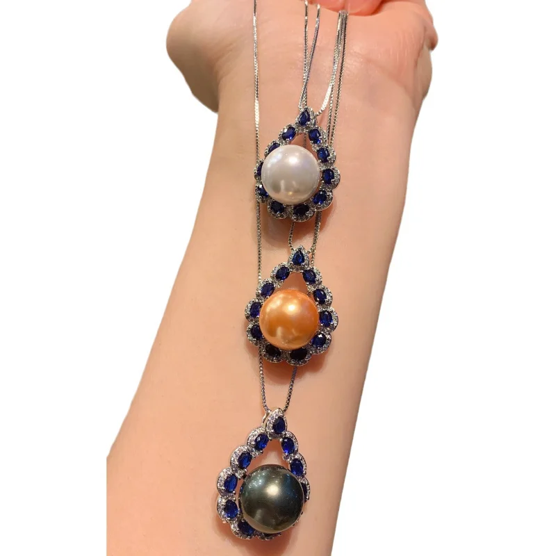 Australian Mother-of-Pearl Pearl Pendant for Women Pearl and Gemstone Necklace Blue Sapphire