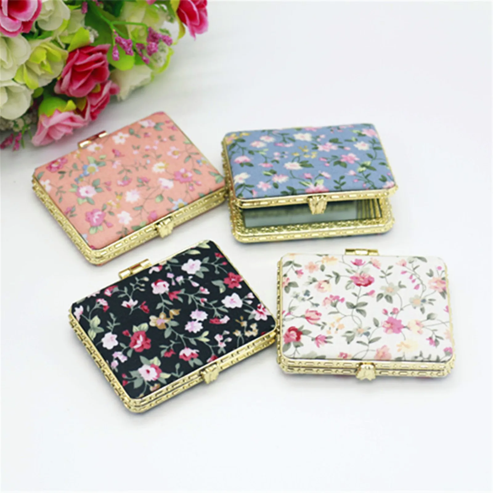 Mini Printed Round Makeup Compact Pocket Floral Portable Two-Side Folding Make Up Mirror Women Vintage Cosmetic Mirrors For Gift