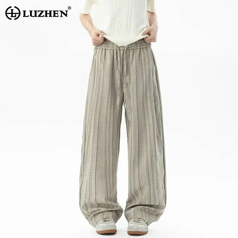 LUZHEN 2026 New Fashion Stripe Printed Drawstring Elastic Waist Straight Casual Pants Men's Original Wide Leg Trousers JY7418