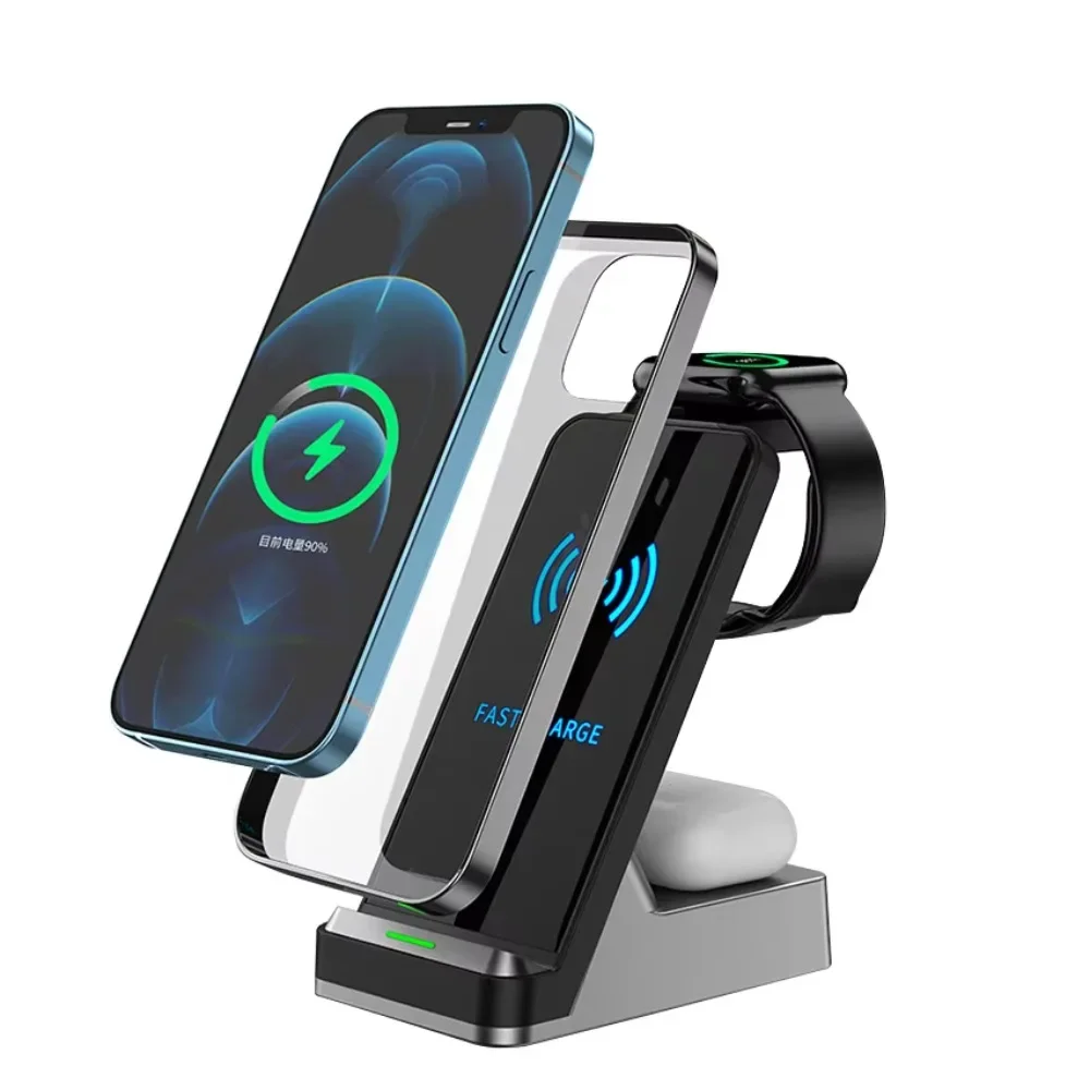 

3 in 1 smart portable Qi phone holder watch fast wireless charging station pad dock 15w 7.5w 10w wireless charger stand