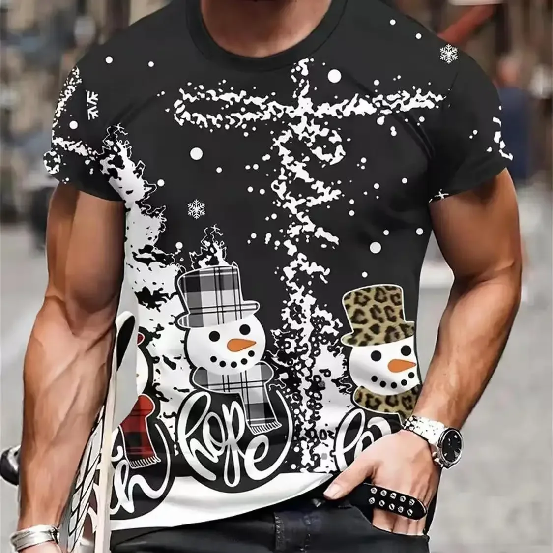 

2025 Summer Christmas Men's T-shirt with Print, Casual Fashion Short Sleeve Round Neck Trendy Loose Fit