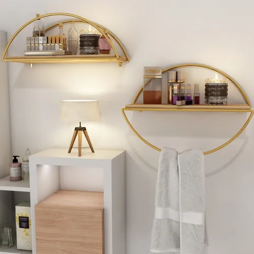 Decorative Wall Shelf Bookcase Kitchen Bathroom Gold Color Ellipse 2 Piece Set Decorative Kitchen Rack Decorative Bathroom Rack 17x16x41 cm