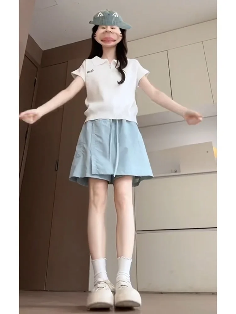 

Синие шелковые шорты из американского шелка с высокой талией для женщин, повседневные брюки, летние шорты, размеры Cact