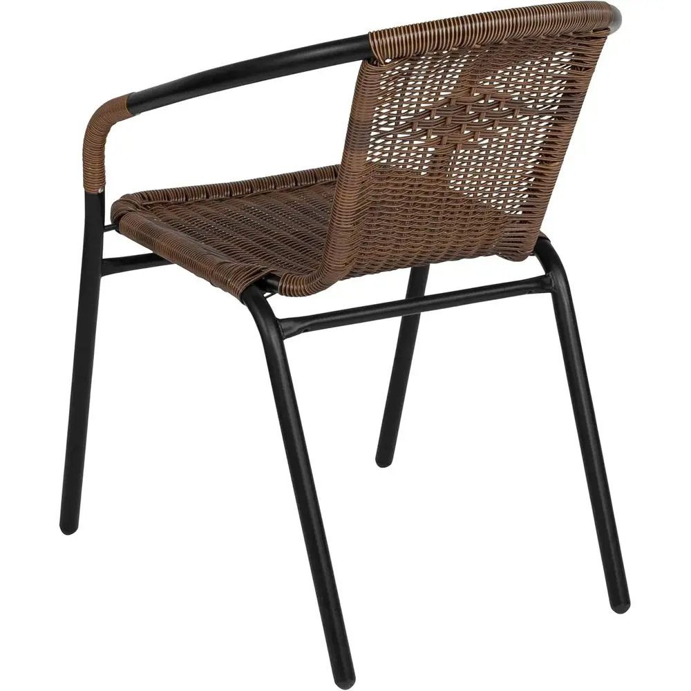 Lila 3-Piece 28 Square Outdoor Patio Table Set with Glass Metal Bistro Table and Stackable Rattan Chairs in Brown