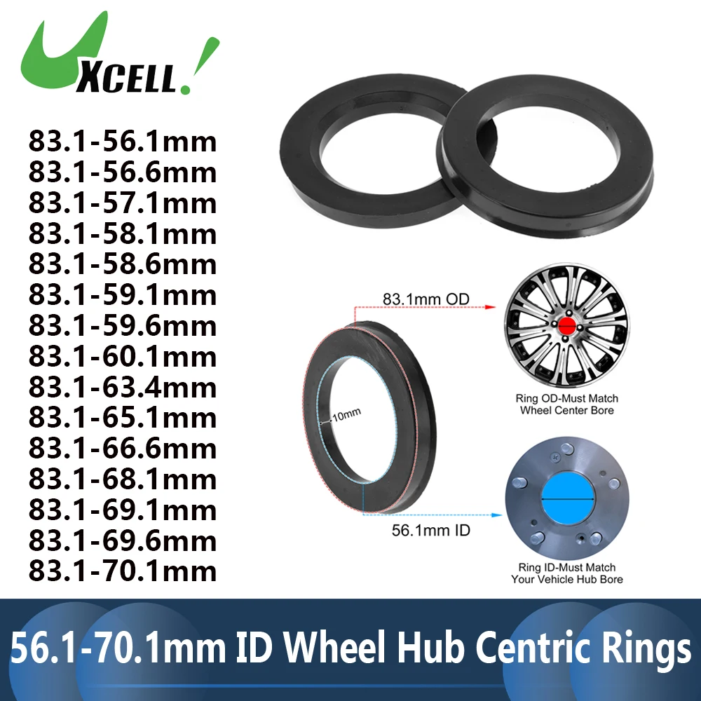 

UXCELL Car Wheel Hub Centric Rings 83.1mm OD to 56.1-70.1mm ID Black Polycarbonate Wheels Shock Absorbing Hubrings 4 Pcs