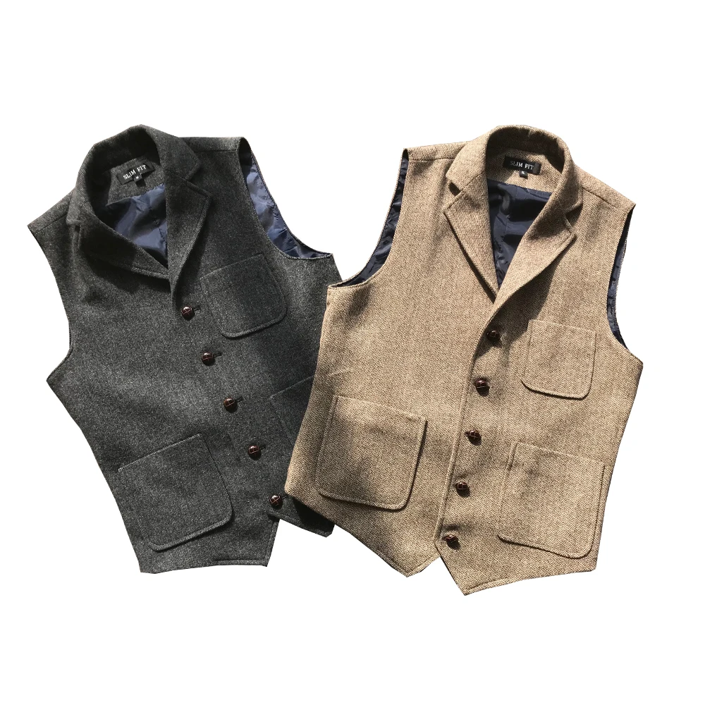 Men\'s Suit Vest Brown Herringbone Tweed Single Breasted Autumn Business Slim Fit Waistcoat Casual Formal Tooling Groomman Vests