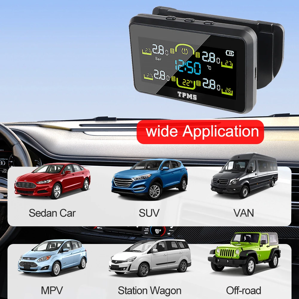 T14 سيارة Solor TPMS نظام مراقبة ضغط الإطارات اختبار درجة حرارة الإطارات 4 قطعة أجهزة الاستشعار ساعة رقمية عرض درجة حرارة الكابينة الداخلية #2