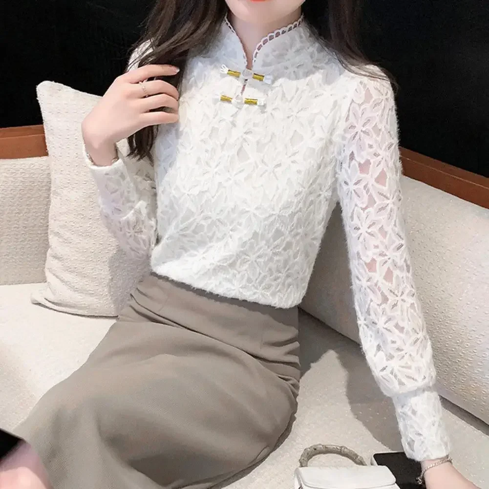 

Women Lace Spliced Top Elegant Lace Spliced Long Sleeve Women's Blouse Slim Fit Half High Collar Pullover Top for Commuting