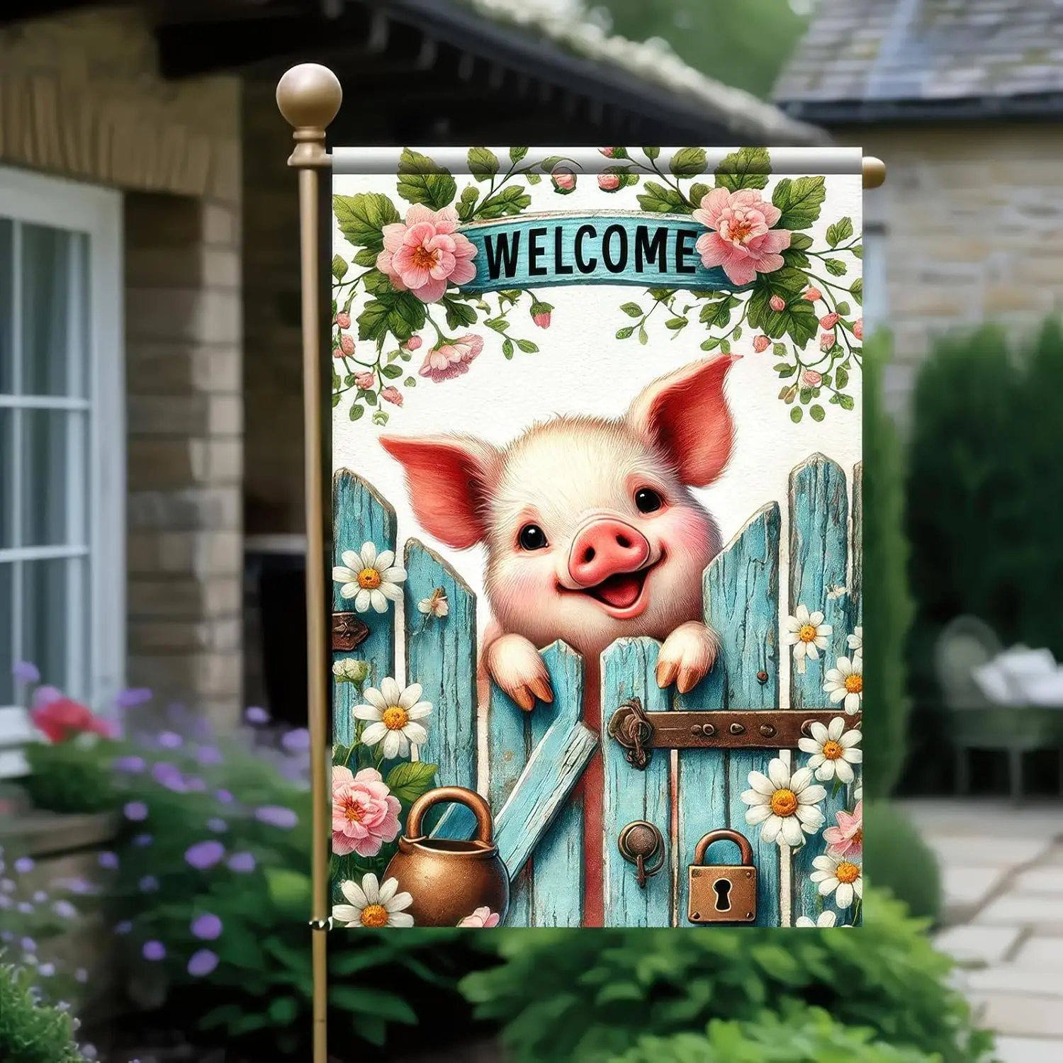 BlissYard Welcome Spring Summer Garden Flag 12 x 18 inch Double Sided Cute Pig Small Yard Flag Seasonal Outdoor Decoration Y SSL