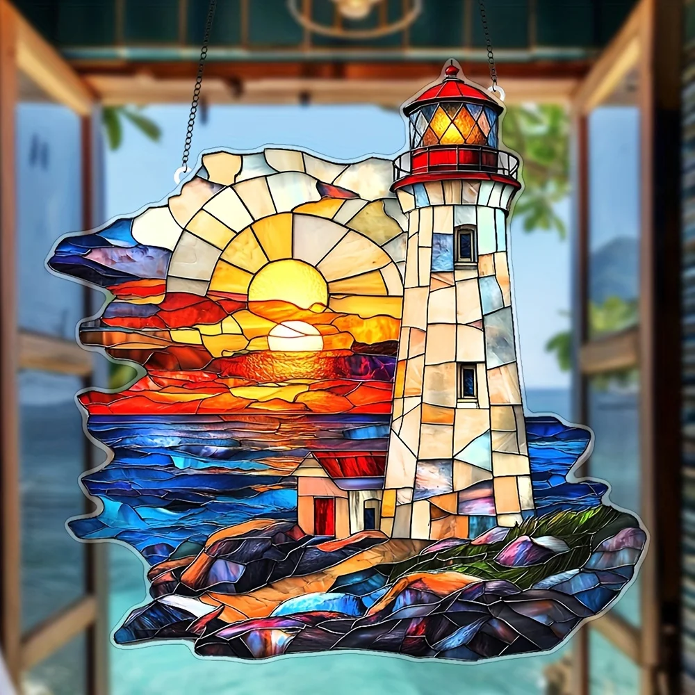Flat Sunset Lighthouse House 2D Acrylic Colored Design Suspended Sunlight Catcher  Sea Surface Home Office Cafe Creative Gift