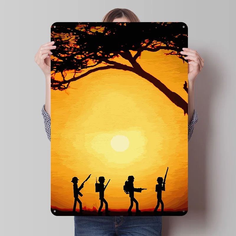 Soldiers Silhouetted Against a Sunset Printing Poster Customized Retro Wall Art Vintage Metal Signs for Mancave Desk Decor House