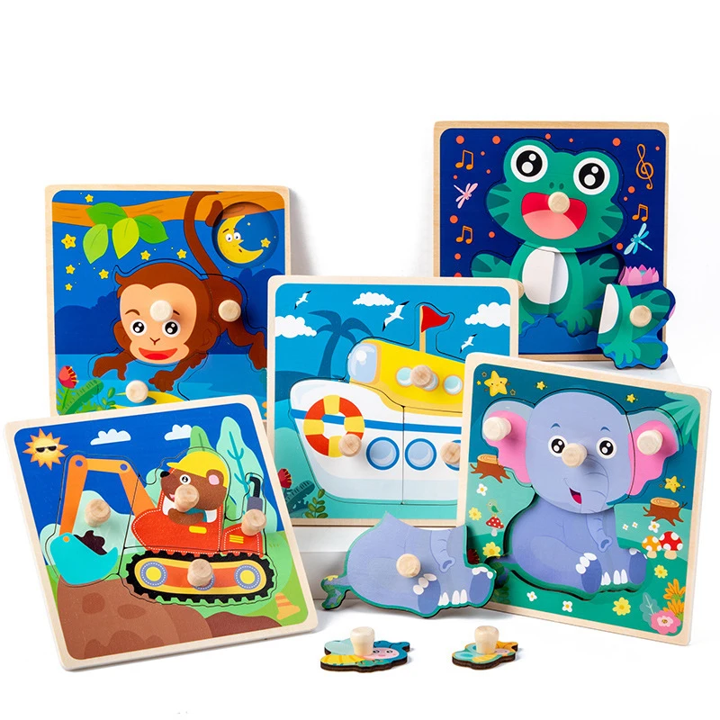 새로운 3D 입체 나무 못 큰 손 긁는 보드 직소 퍼즐 어린이 조기 교육 동물 매칭 나무 장난감