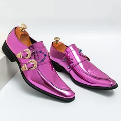 Hot Luxury Pink Mens Patent Leather Shoes Designer High Quality Pointed Chelsea Formal Shoes Man Dress Wedding Party Shoes Men