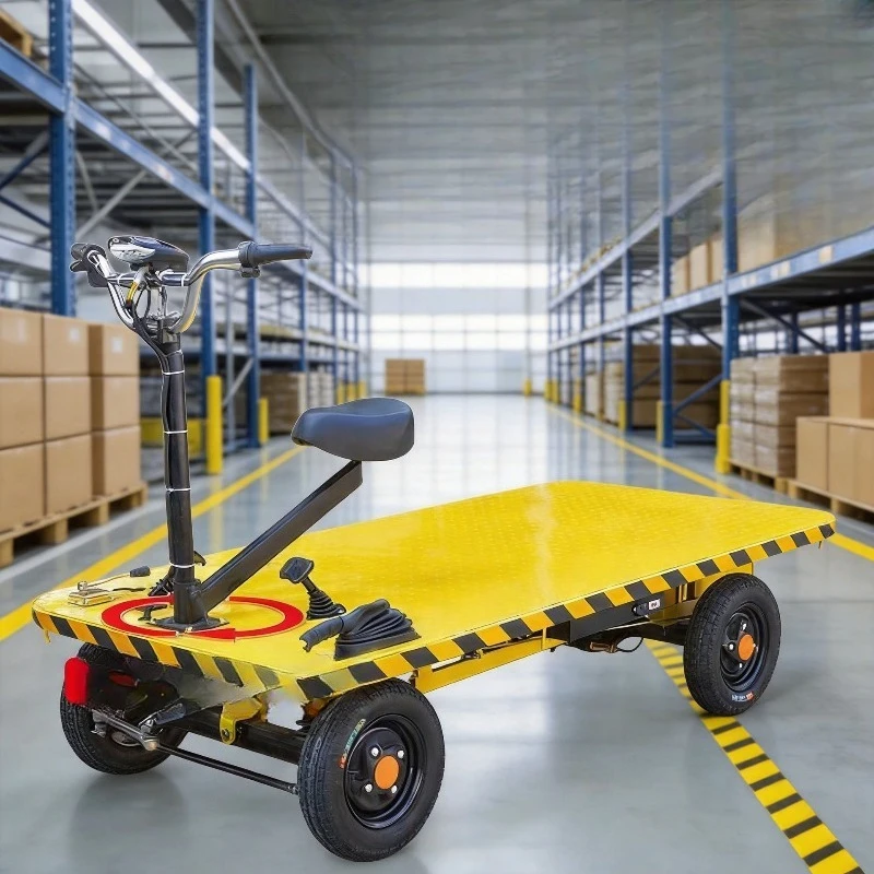 Station driving and cycling dual-purpose electric four-wheeled flat truck, moving trolley, orchard pulling freight truck