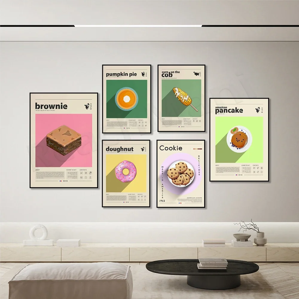 American food poster, pumpkin pie, burger, ice cream, pancake, hot dog, donut, milkshake, corn on the cob food kitchen decoratio