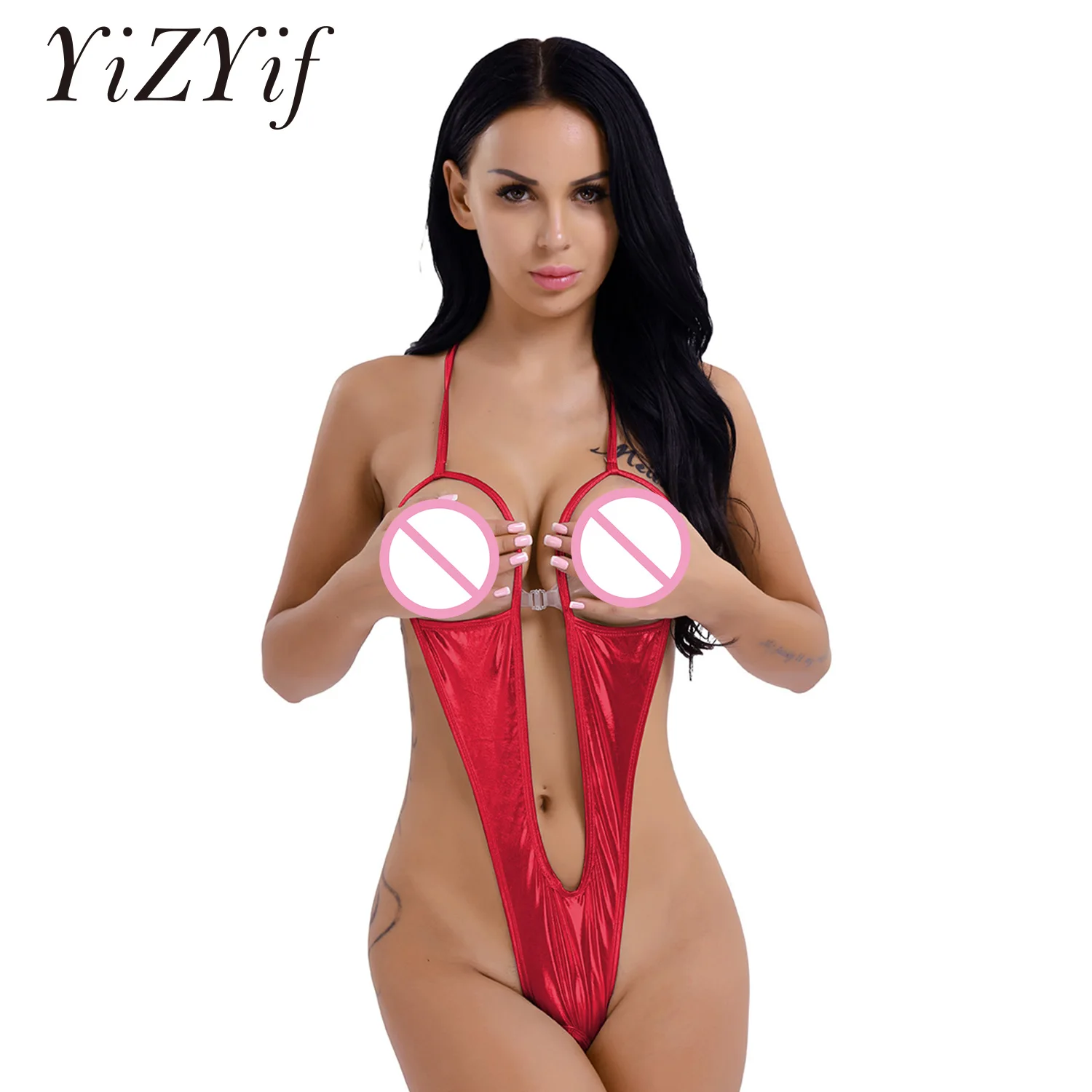 

Women Sexy Lingerie Bodysuit one piece swimsuit Patent Leather Open Bust Backless Open Crotch Body suits Sleepwear Nightwear