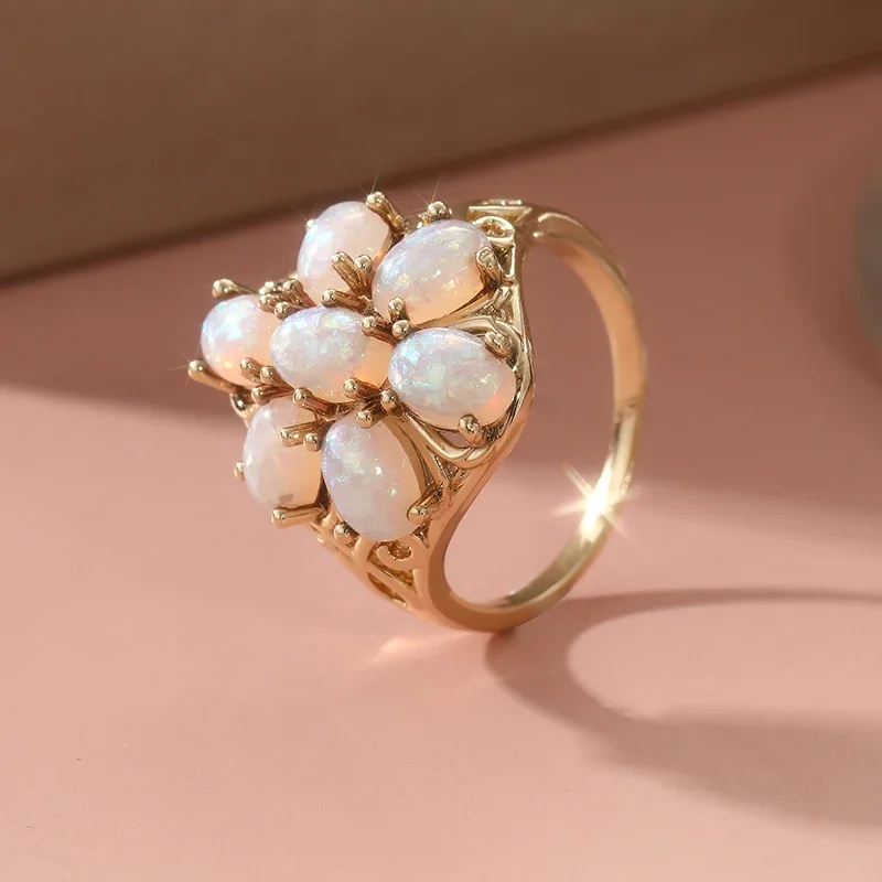 Gorgeous Hollow Design Synthetic Opal Flower Cluster Ring For Women Golden Color Palace Style Ring Fashion Jewelry Accessory