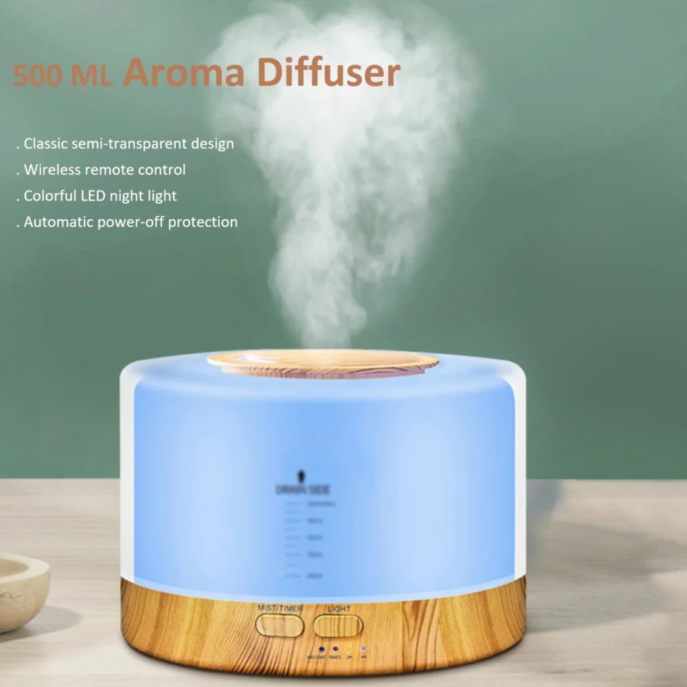 Difusor de óleo essencial 500ml, umidificador ultrassônico com controle remoto, grão de madeira, umidificador de ar de mesa com luzes noturnas coloridas