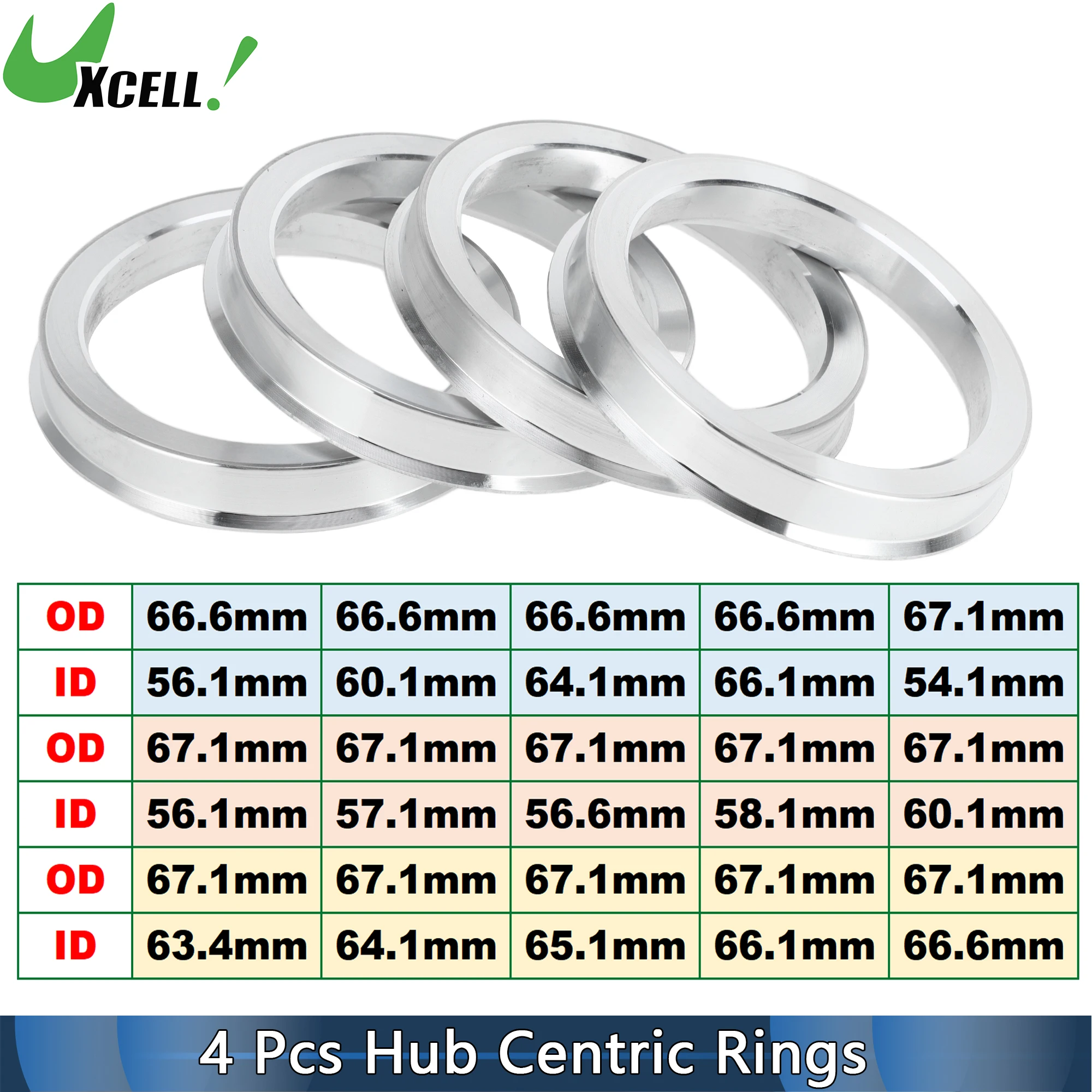 UXCELL 4pcs OD 66.6/67.1mm to ID 56.1/60.1/64.1/66.1/56.6/58.1/63.4/65.1mm Hub Centric Rings Wheel Hubrings Aluminum Alloy