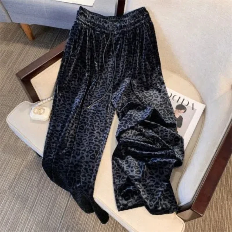 High Street Elastic Waist Leopard Print Wide Leg Pants Spring Autumn Street Casual Straight Pants Vintage Fashion Women Clothing