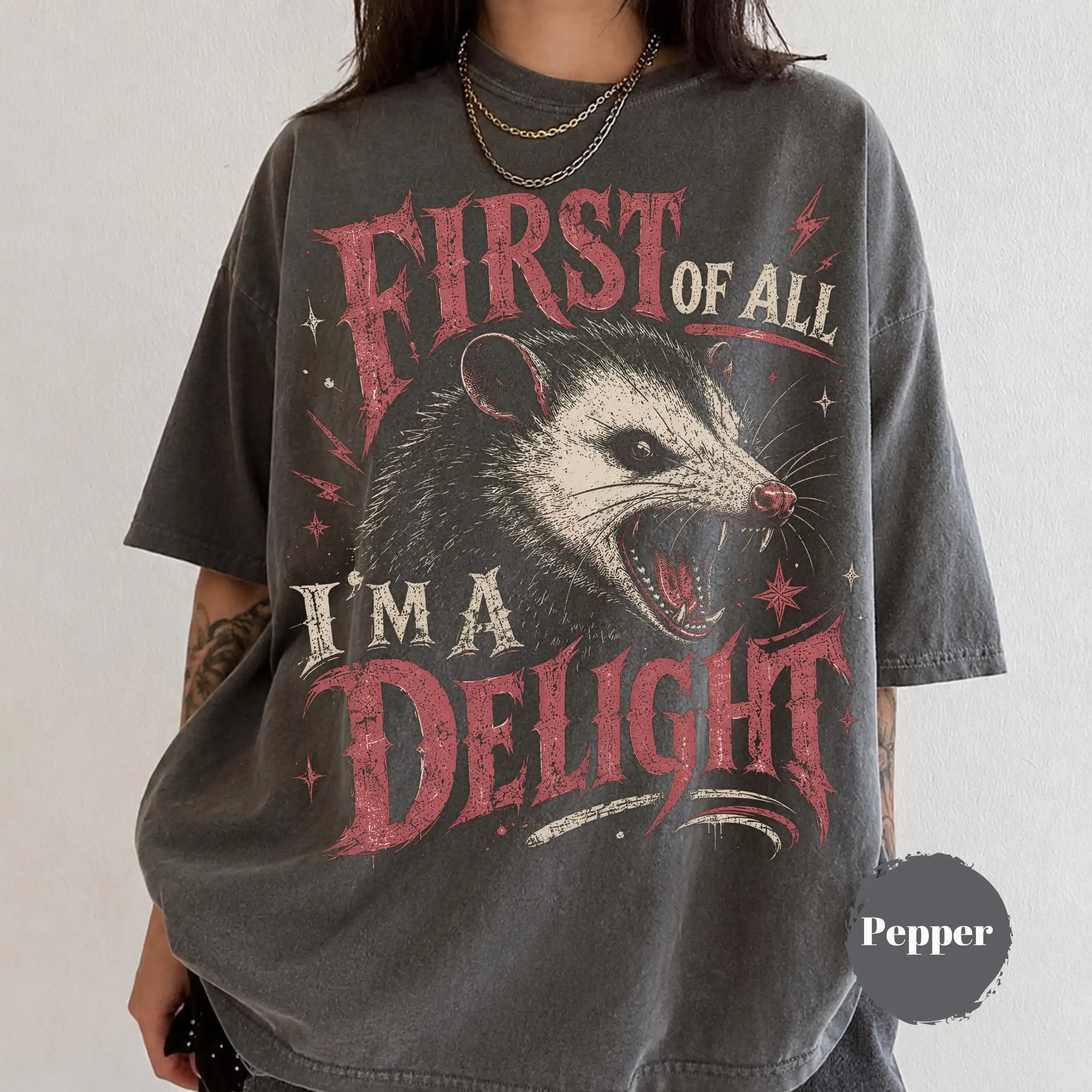 First of All I’m a Delight Shirt, Funny Possum Graphic Tee, Vintage Retro Tshirt, Cute Woodland Animal Aesthetic Gift