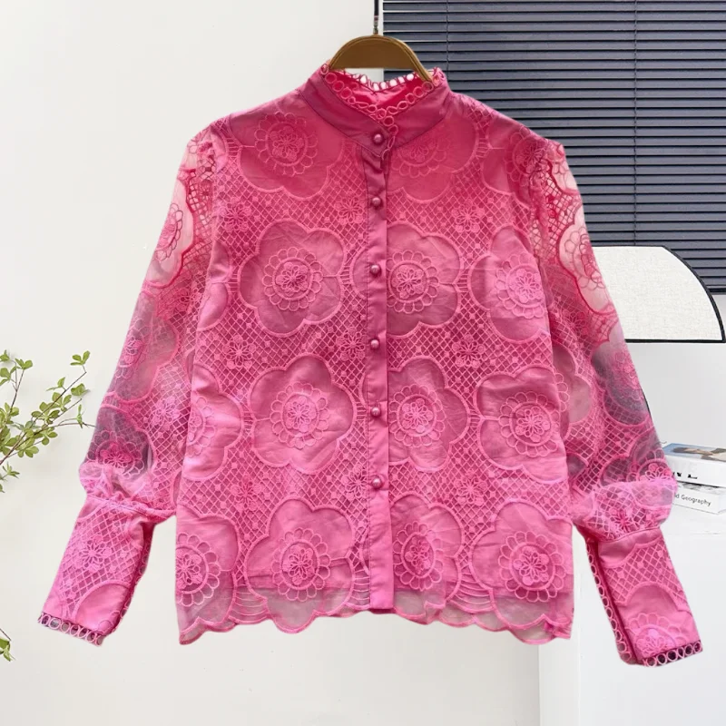 

2025,New,European,Clothes,Lace,Blouse,Chic,Sexy,Stand,Embroidery,Patchwork,Hollow out,Women,Button,Long Sleeve,Shirt,Tops,57022