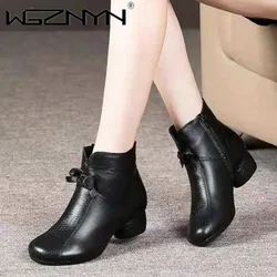 Vintage Brown Leather Boots Autumn Winter Woman 2024 Wedge Booties Fashion Butterfly-knot Shoes Ladies Zip Platform Boot Female