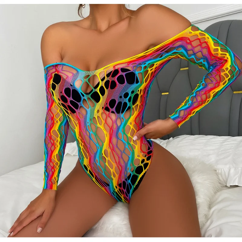 Sexy Rainbow Pornographic Lingerie Transparent Hollow Stripe Tight Women\'s Colorful Mesh Pajama Dress