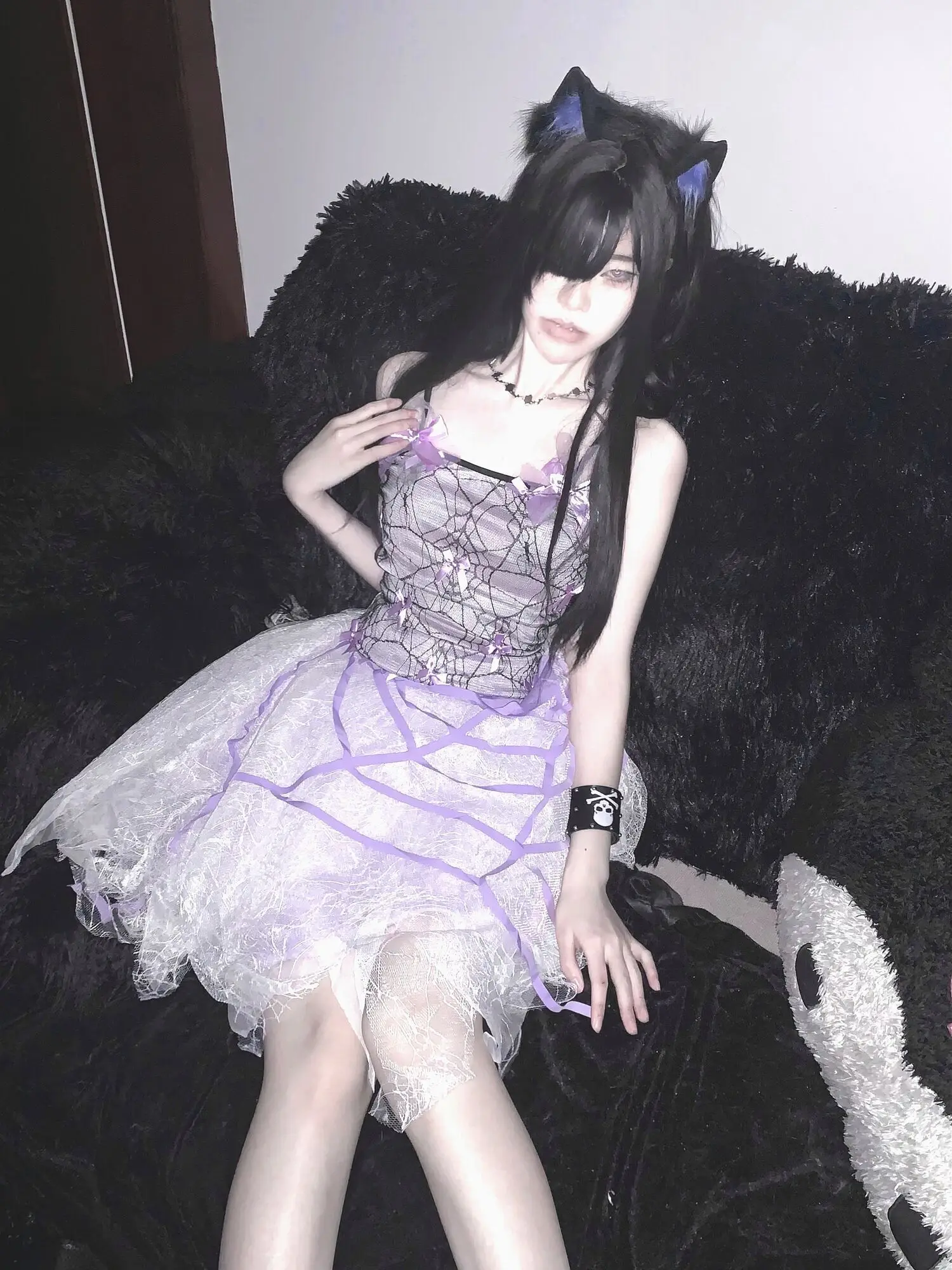 Grigio Viola Sottocultura Fiocco in pizzo Industria pesante Ragazza ragno Taglio creativo Mezza gonna Abito da ballo Ragnatela Balletto