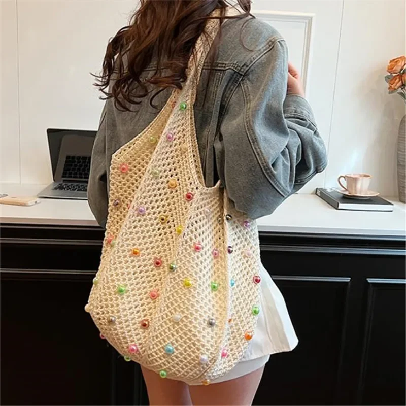 

Women Boho Crochet Bag with Colored Beads Aesthetic Knit Bag Large Capacity Knitted Tote Handbag Ladies Daily Handbag