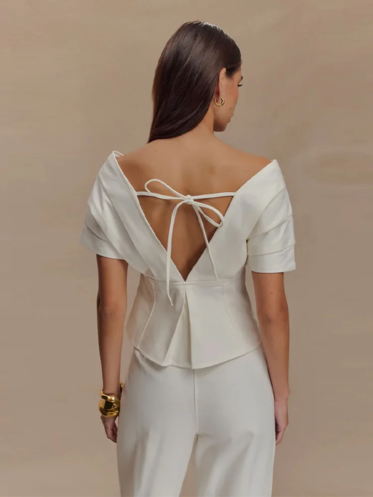 

Designer Women's Elegant Denim Pants Set V-Neck Pleated Top With Back Tie Detail Matching High Waist Wide Leg Pant Trendy Outfit