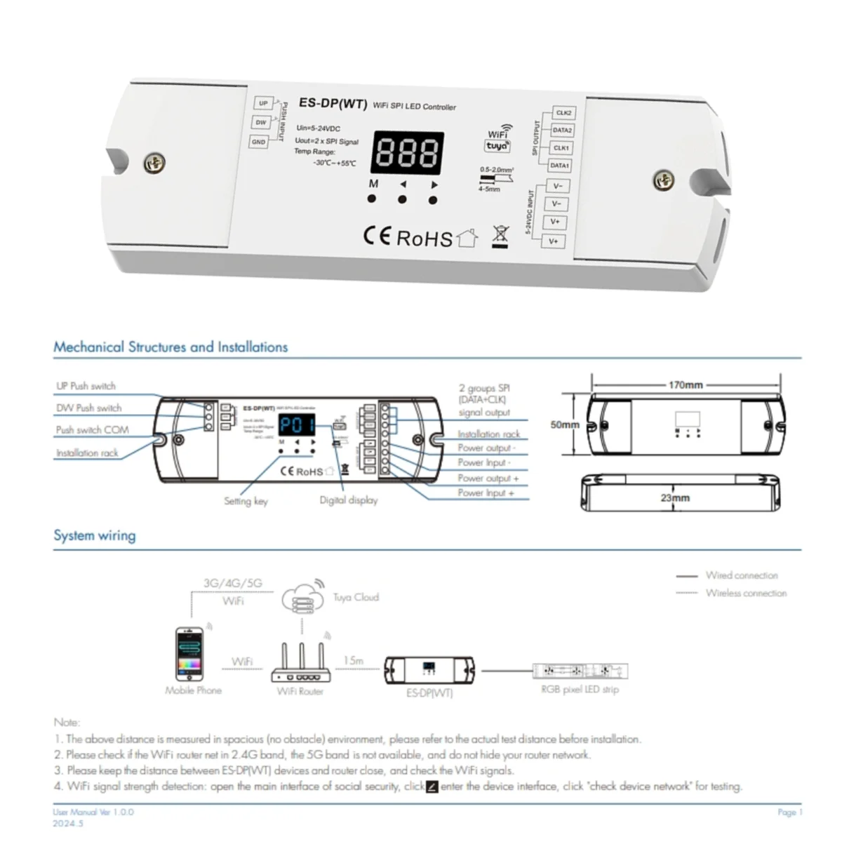 5-24VDC WiFi SPI Kontroler Podwójny przycisk Kontroler oświetlenia schodowego Tuya APP Control dla WS2812 WS2811 RGB lub białego światła