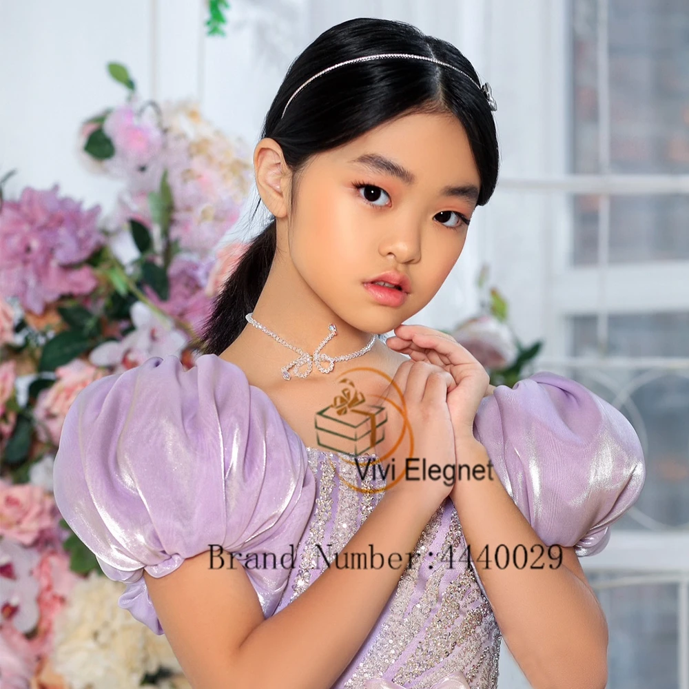 

Laic Purple Short Puffy Sleeve Flower Girl Dresses with Beading Sheath Mini Length Wedding Party Gowns Scoop فساتين اطفال للعيد