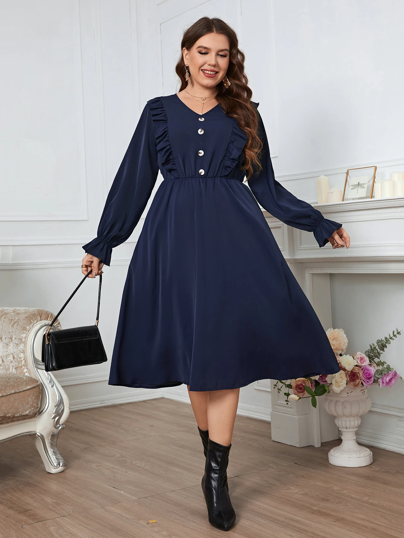 Women\'s Casual Puff Long Sleeve Midi Dress Lady Party Dresses Plus Size Solid Color Fashion Clothing 3XL 4XL