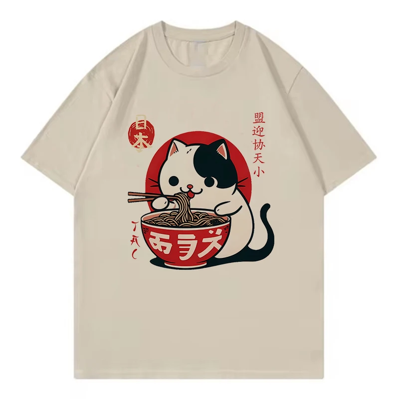 Loose Funny Japanese Cat Eat Ramen T Shirts Men Women Cat T-shirt Round Neck Short Sleeve Trendy Tee Shirt Streetwear