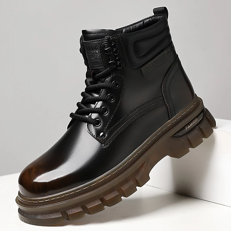 Classic Brand Genuine Leather Chelsea Boots Men Winter Warm Plush Mens Shoes Ankle Boot Thick Soled Fashionable Motorcycle Boots image 3