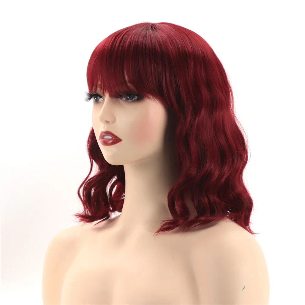 Synthetic Women Short Water Wave Ripple Wig Natural Fluffy Pink Air Bangs Collarbone Hair Medium Length Mixed Ombre Black Brown