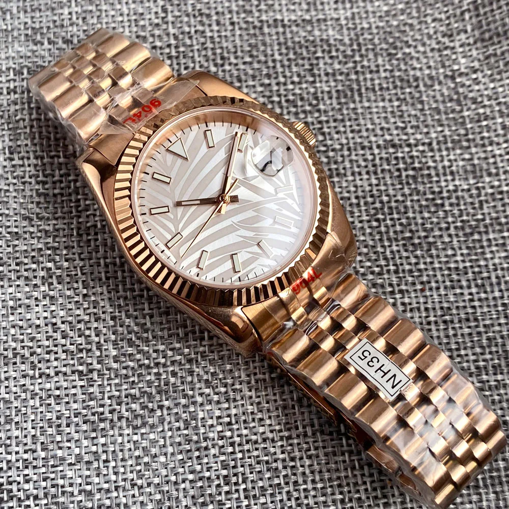 カスタム 36 ミリメートル/39 ミリメートル NH35A ムーブメントサファイアガラス自動イエローゴールド/イエローゴールドメンズ腕時計発光フルーテッドベゼルリーフパームダイヤル