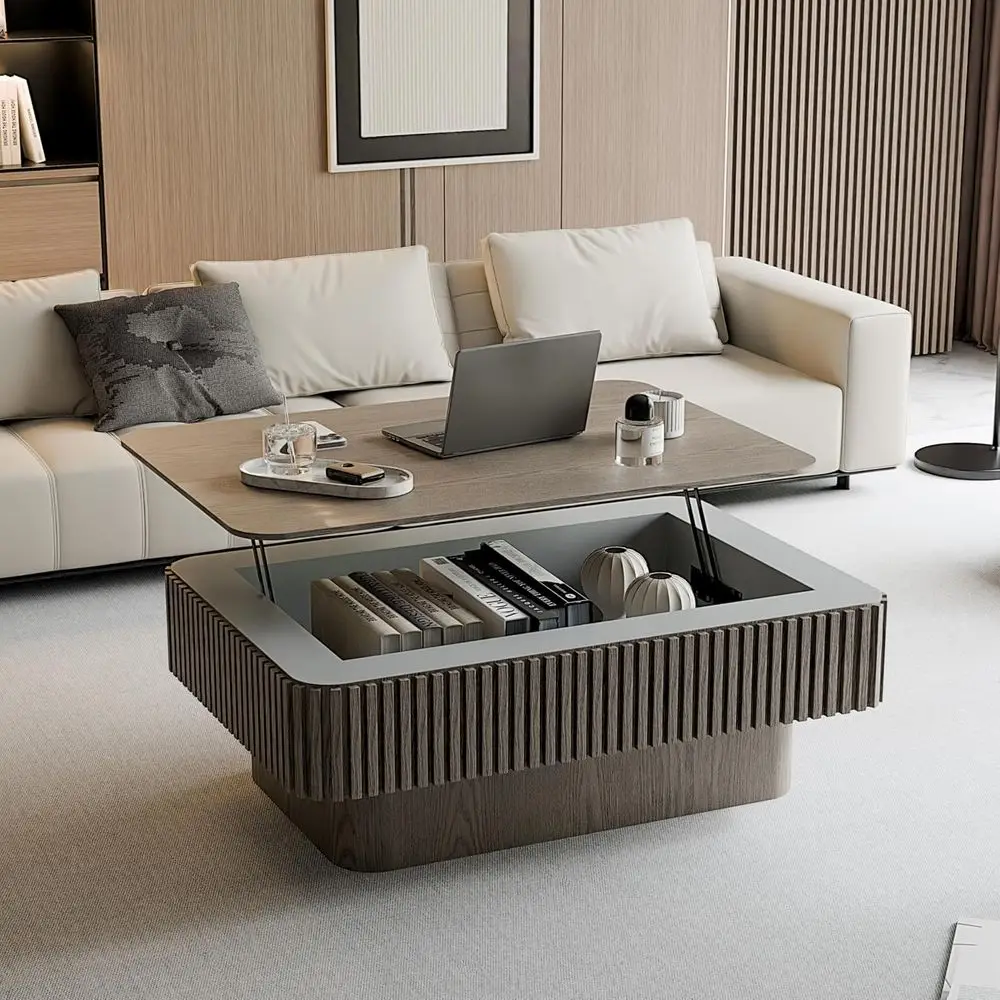 

Журнальный столик с подсветкой и местом для хранения для гостиной, круглый журнальный столик Luted Lit Top из массива дерева, 38,6 дюйма